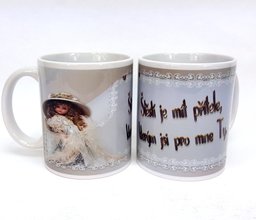 Porcelnov bl hrnek s celo obtiskem - tst je mt ptele