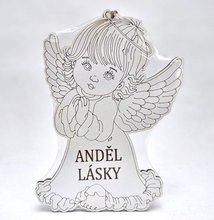 Dřevěný andílek dítě na zavěšení 19cm s nápisem - ANDĚL LÁSKY