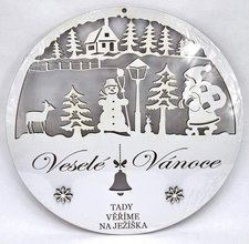 Vánoční dekorace kruh bílý 30cm s nápisem - Ježišek, sněhulák - Veselé Vánoce zvonek