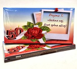 Čokoláda s nápisem 100g - Růže 50 - Přejeme Ti všechno nej, život zplna užívej!