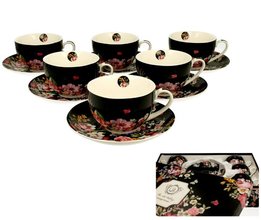 VINTAGE FLOWERS-BLACK - Sada 6ks lek s podlkem 280ml porceln v boxu