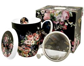 VINTAGE FLOWERS-BLACK - Hrnek porcelnov se stkem a vkem 320ml v boxu
